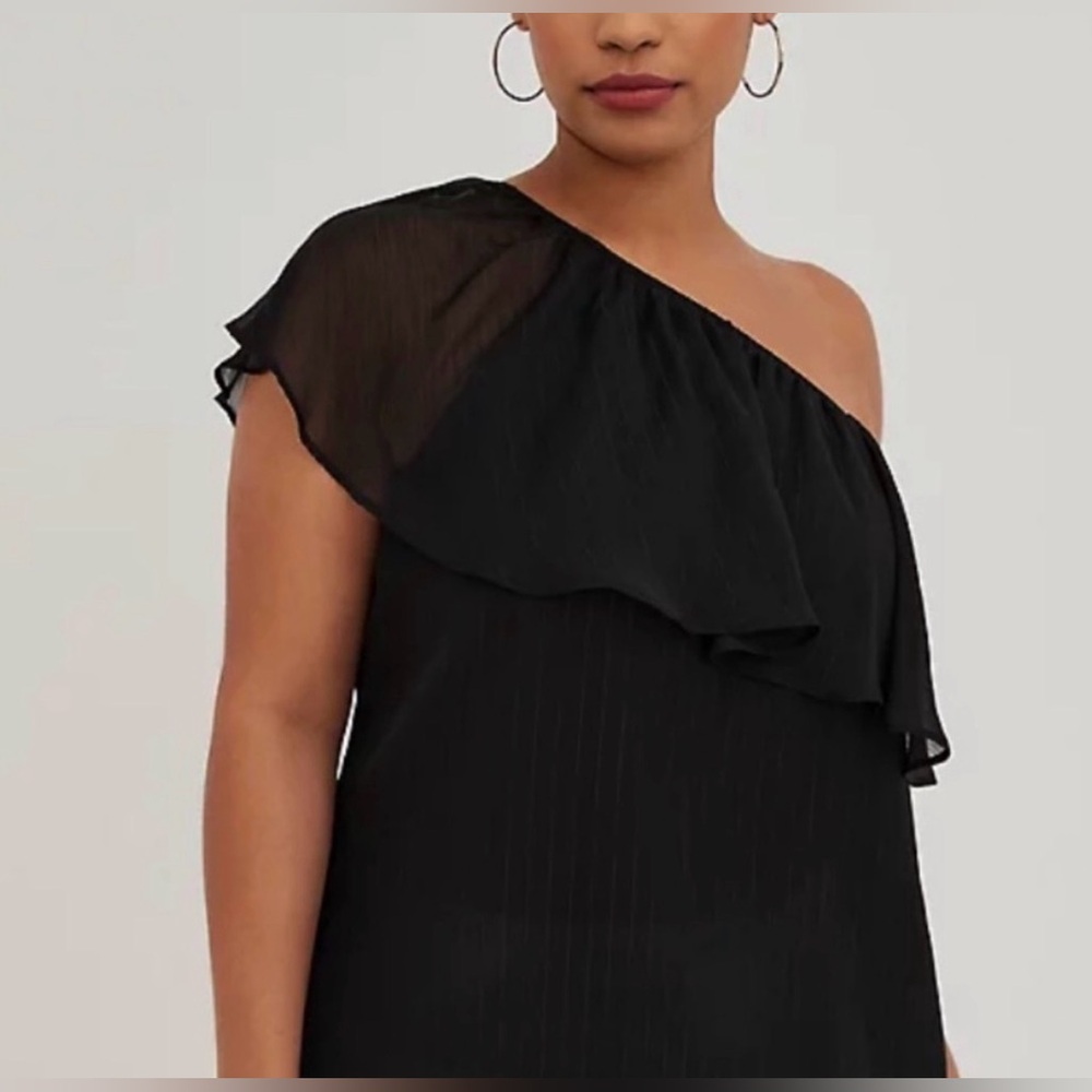 NWT Women’s Plus Torrid Black One Shoulder Lurex Stripe Ruffle Tank Sz 1